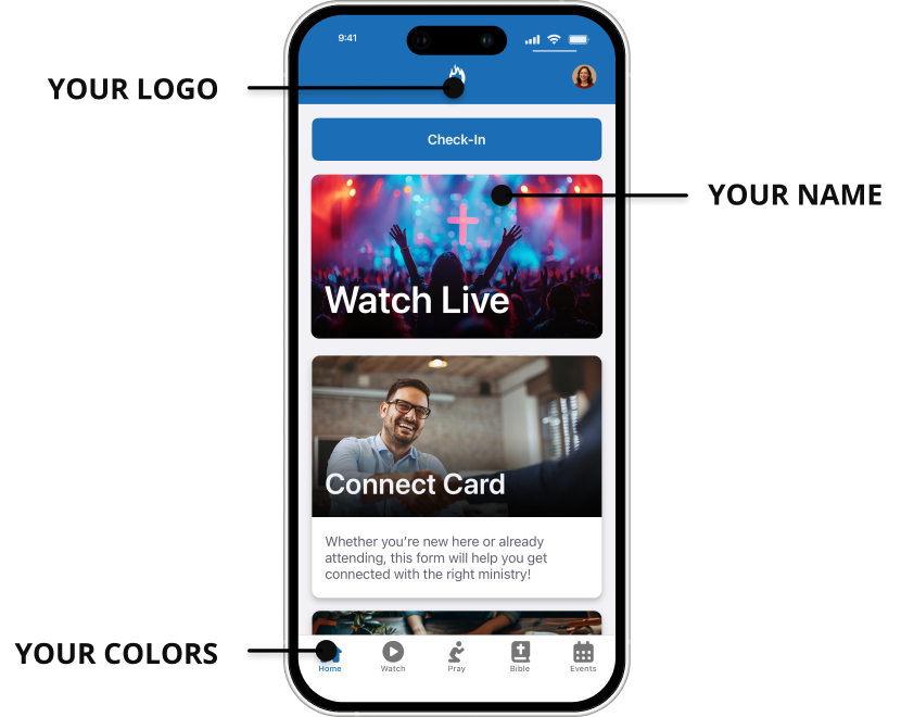 Customize the app with your logo, colors, and name from Rock