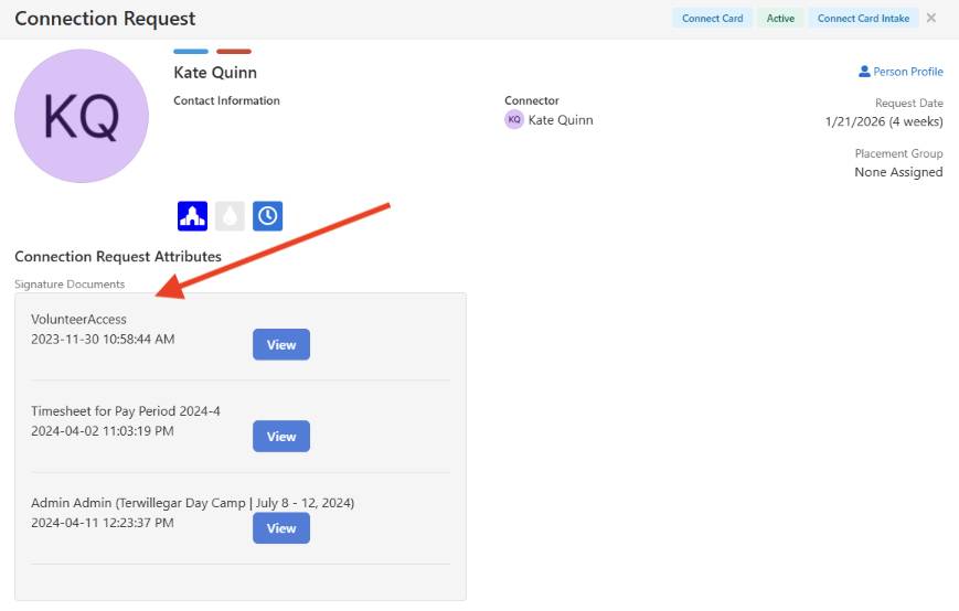 Signature Document view on Connection Card